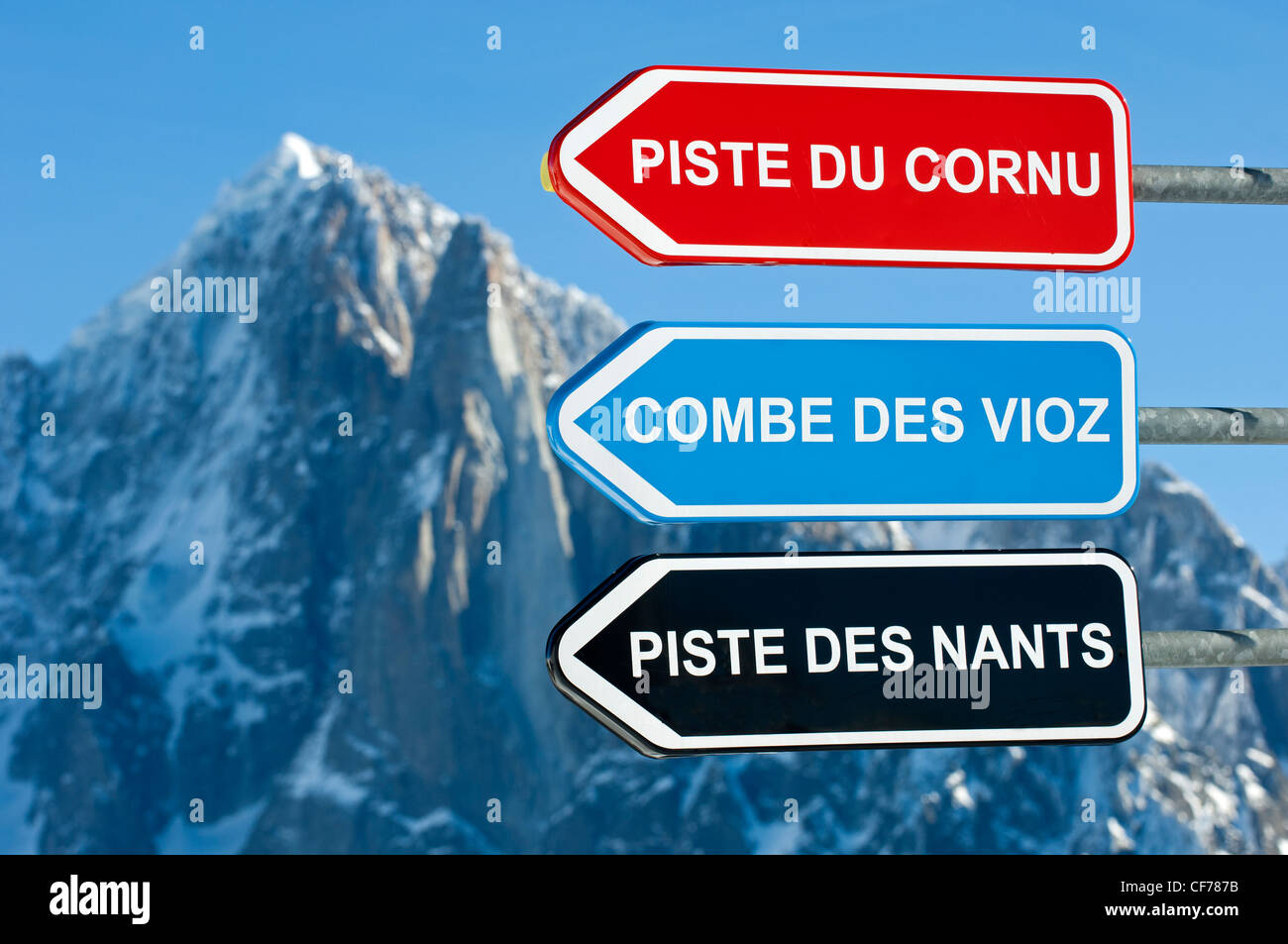 Direktionale unterzeichnet zu Skipisten am Planpraz, Aiguille Verte hinter Skigebiet Chamonix, Haute-Savoie, Frankreich Stockfoto