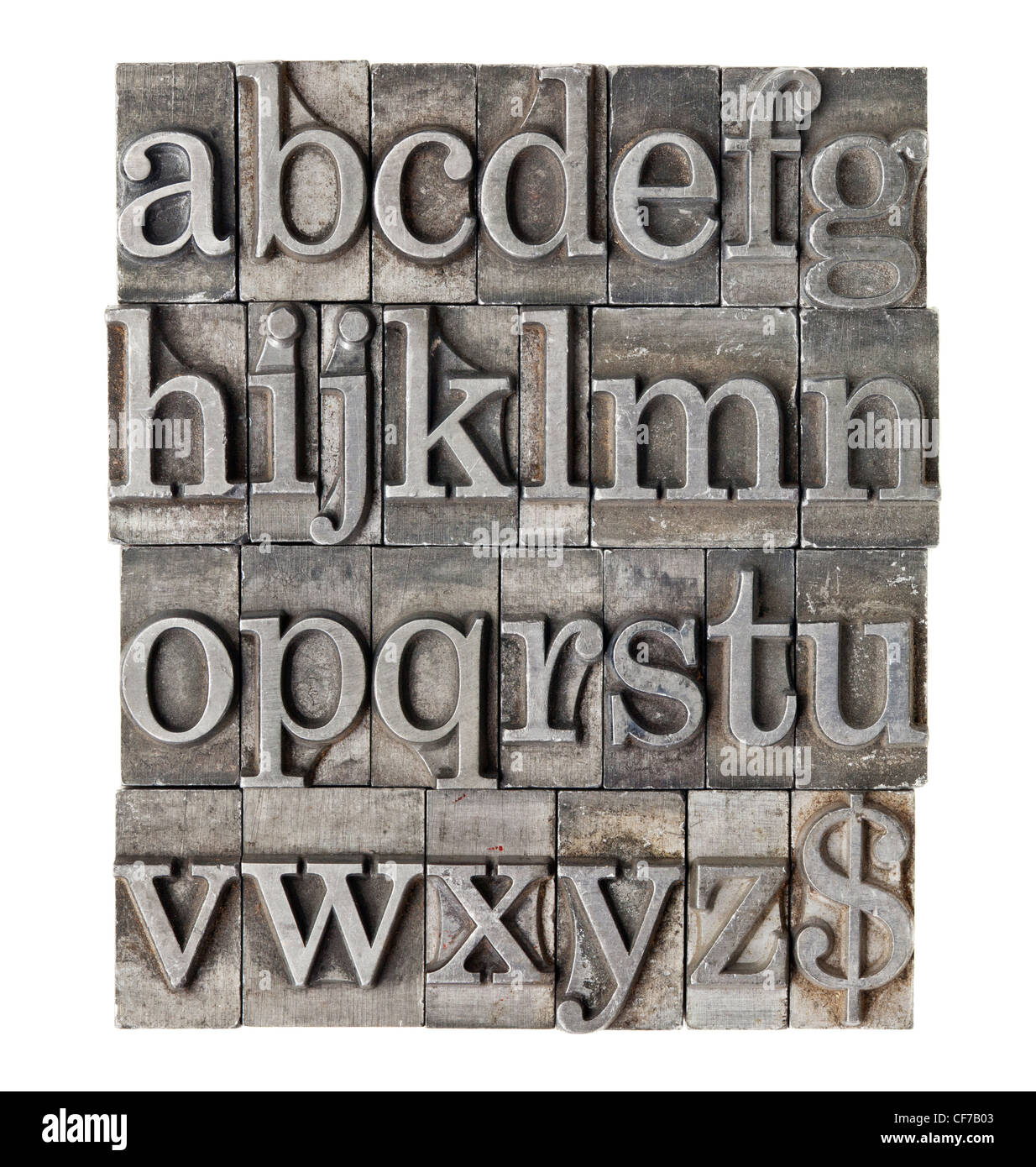 Englisches Alphabet (kleingeschrieben) und Dollarzeichen in Vintage Grunge Buchdruck Metall-Typ Stockfoto