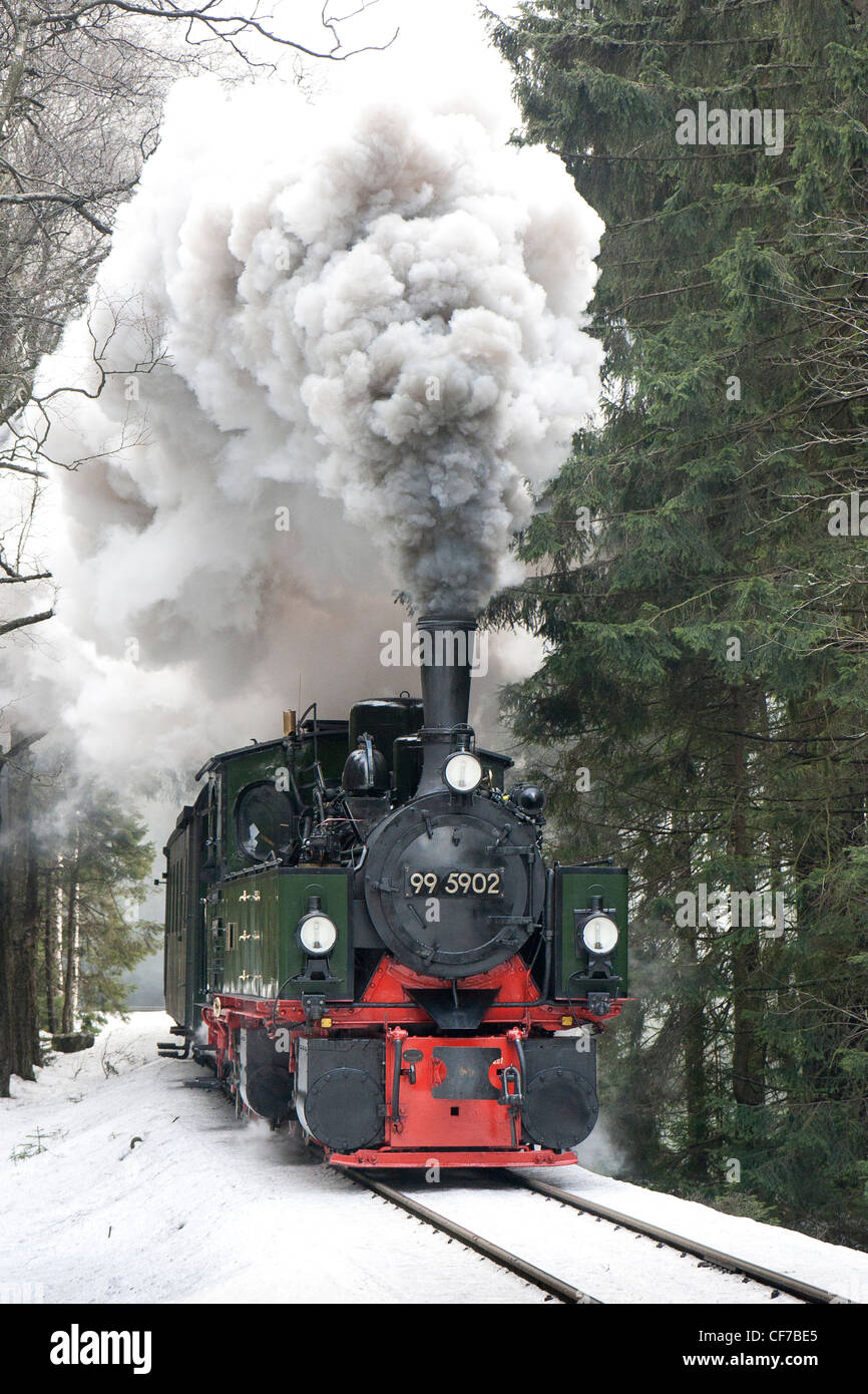 Eine Dampflokomotive mit einem Personenzug auf der Harz-Bergbahn in der Nähe zum Brocken Stockfoto