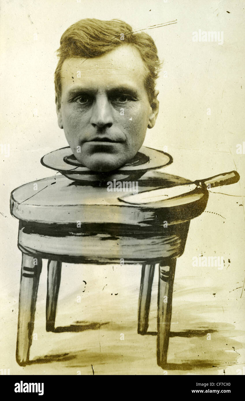 1900s 1800S Foto seltsame Porträt Mann Kopfschuss Composite auf Hand gemalten Tisch Stockfoto