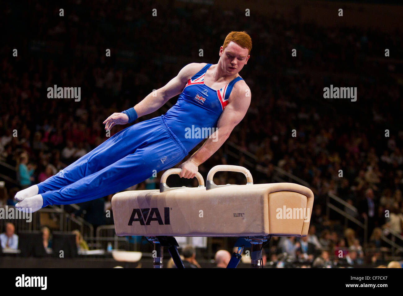 Daniel Purvis (GBR) konkurriert in das Pauschenpferd Event 2012 American Cup Gymnastik Stockfoto