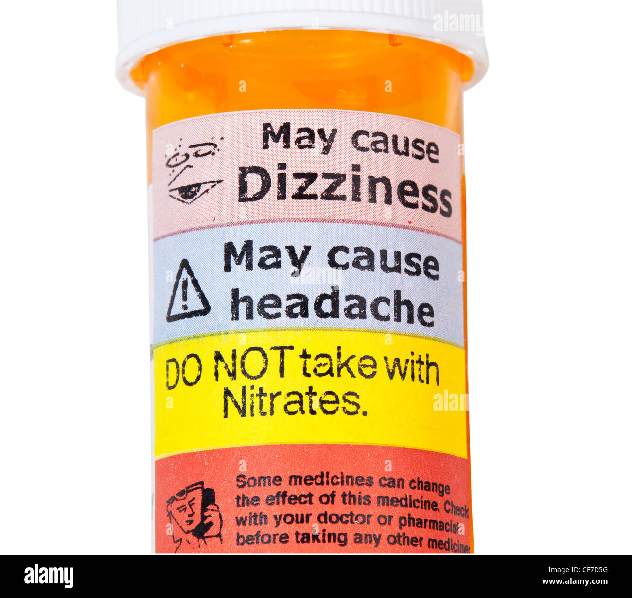 Warnung auf Verschreibung Flasche über Nitrate und erective Funktionsstörung Tabletten Stockfoto