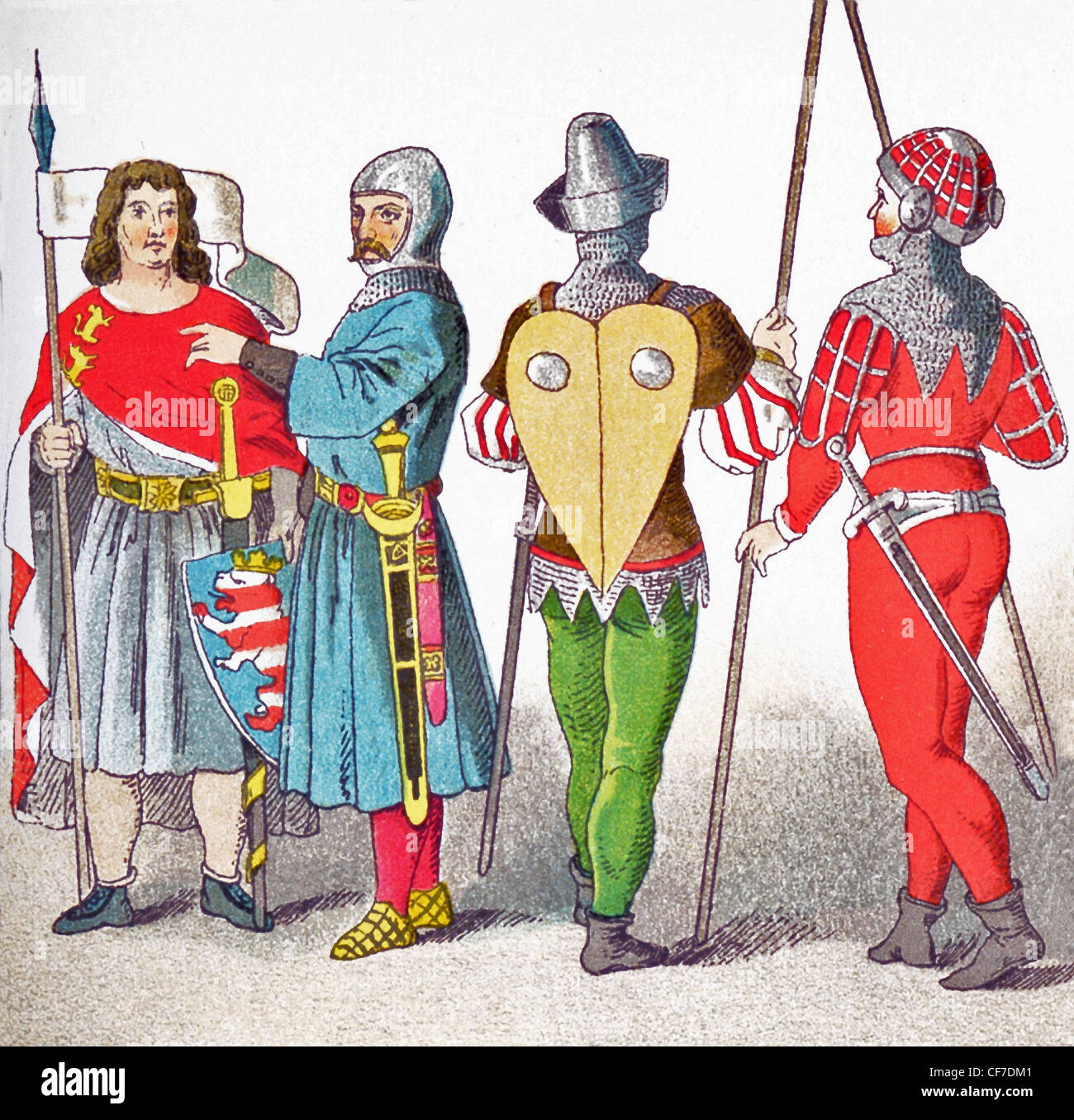 Die Zahlen stehen für deutschen from1350 bis 1400 (von links nach rechts): Graf von Thüringen, Ritter im Kampf Kostüm, zwei Soldaten. Stockfoto