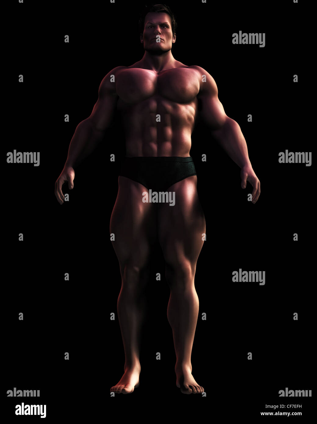 Digitale Illustration einer imposanten, großen männlichen Bodybuilder-Figur. Stockfoto