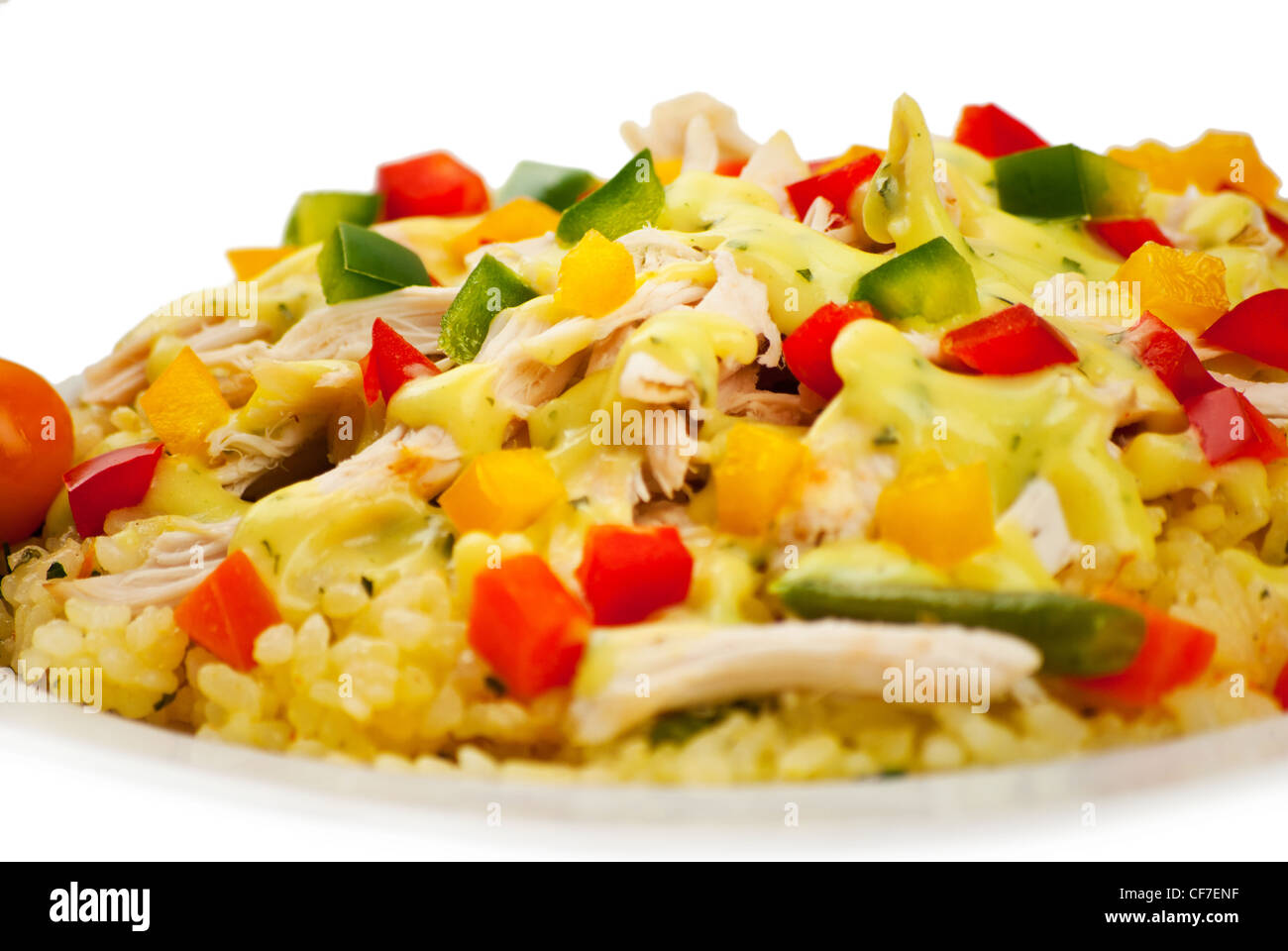 Nahaufnahme von Huhn mit Reis, schneiden, Paprika und sauce Stockfoto