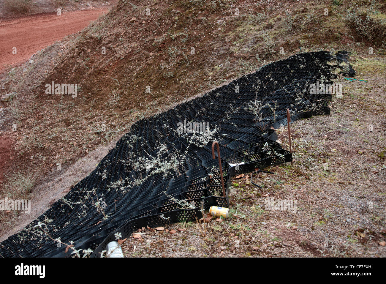 Instabilen Piste Stabilisierung in einem Kalksteinbruch mit Kunststoffgitter damit Kolonisierung durch Pioniervegetation Stockfoto
