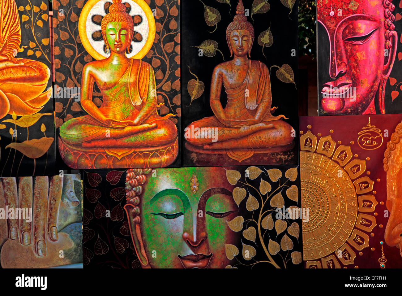 Kunstwerke zum Verkauf in Straßenmarkt, Chiang Mai, Thailand Stockfoto