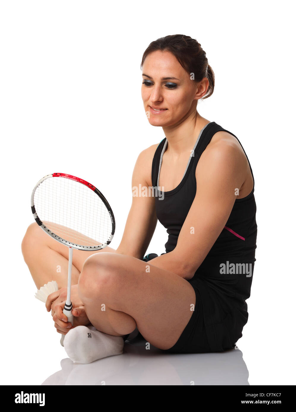 Portrait von kaukasischen Frau mit Badminton-Schläger Stockfoto