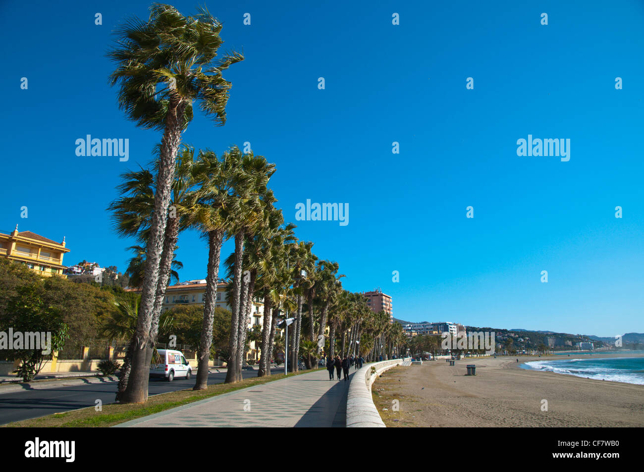 Strandpromenade Paseo Maritimo de Pablo Ruiz Picasso und Malagueta Strand Mitteleuropa Malaga Andalusien Spanien Stockfoto