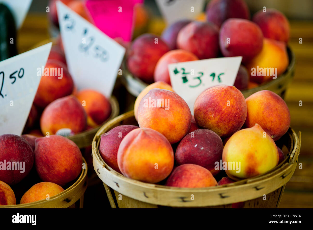 Kisten mit Pfirsichen zum Verkauf auf einem Bauernmarkt Stockfoto