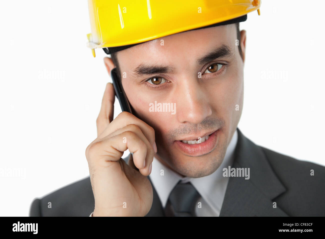 Nahaufnahme des Architekten sprechen am Telefon Stockfoto