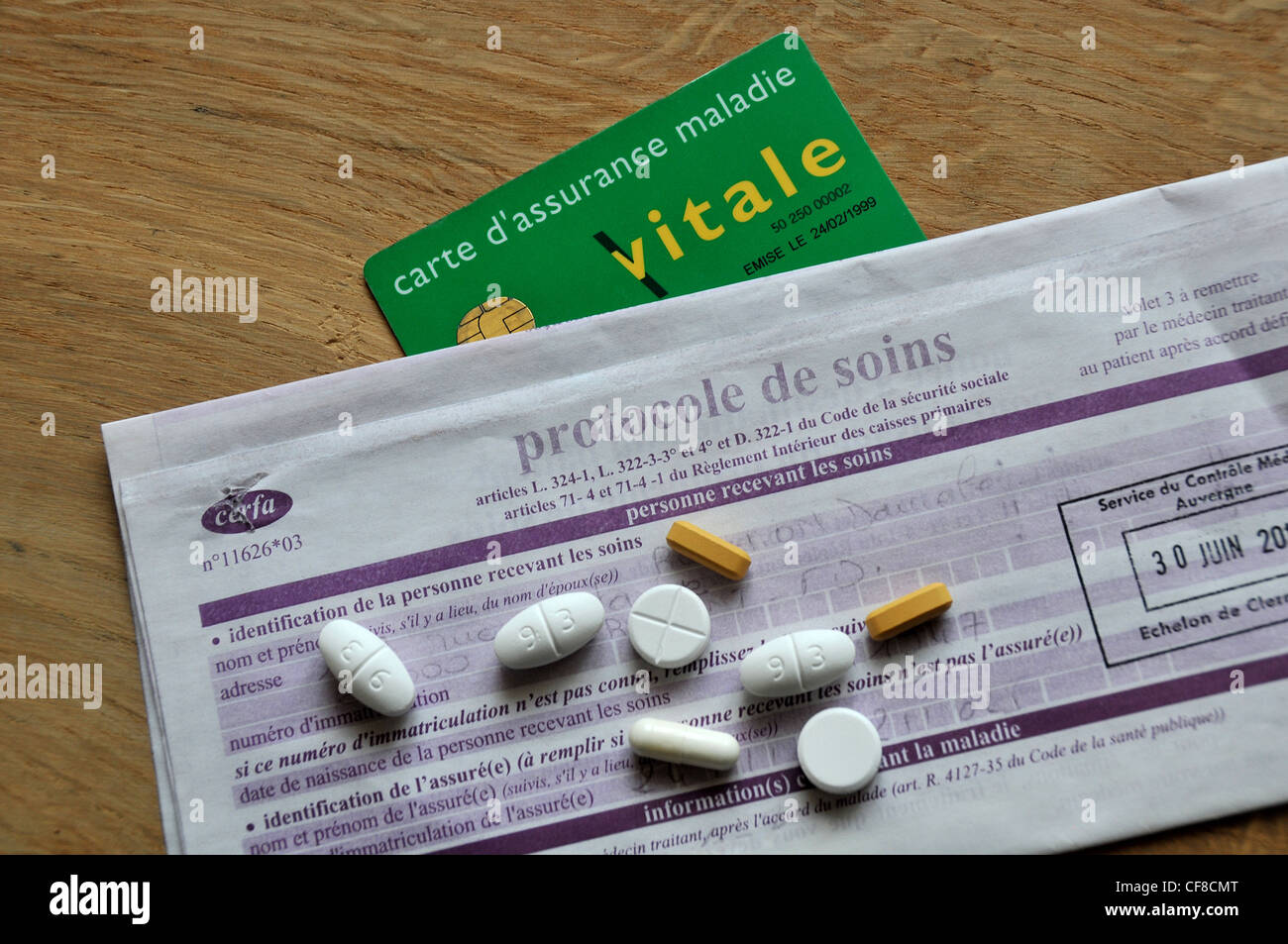 Vitale Karte Blatt Behandlungsprotokoll der französischen Sozialversicherung form Stockfoto