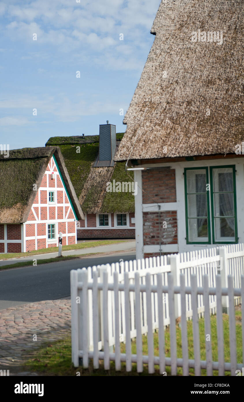 In Jork zeigt das Museum "Altes Land" das reiche Erbe in einem traditionellen Bauernhaus mit weißen Eingangstor Stockfoto