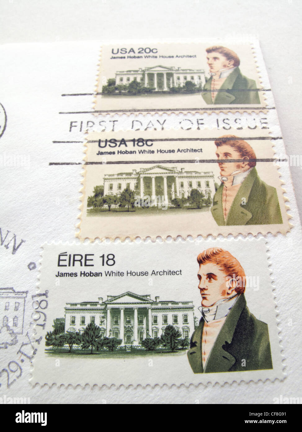 Erste Tag Ausgabe American und Eire Briefmarken Darstellung James Hoban der irische amerikanische Architekt des weißen Hauses, Washington DC. Stockfoto