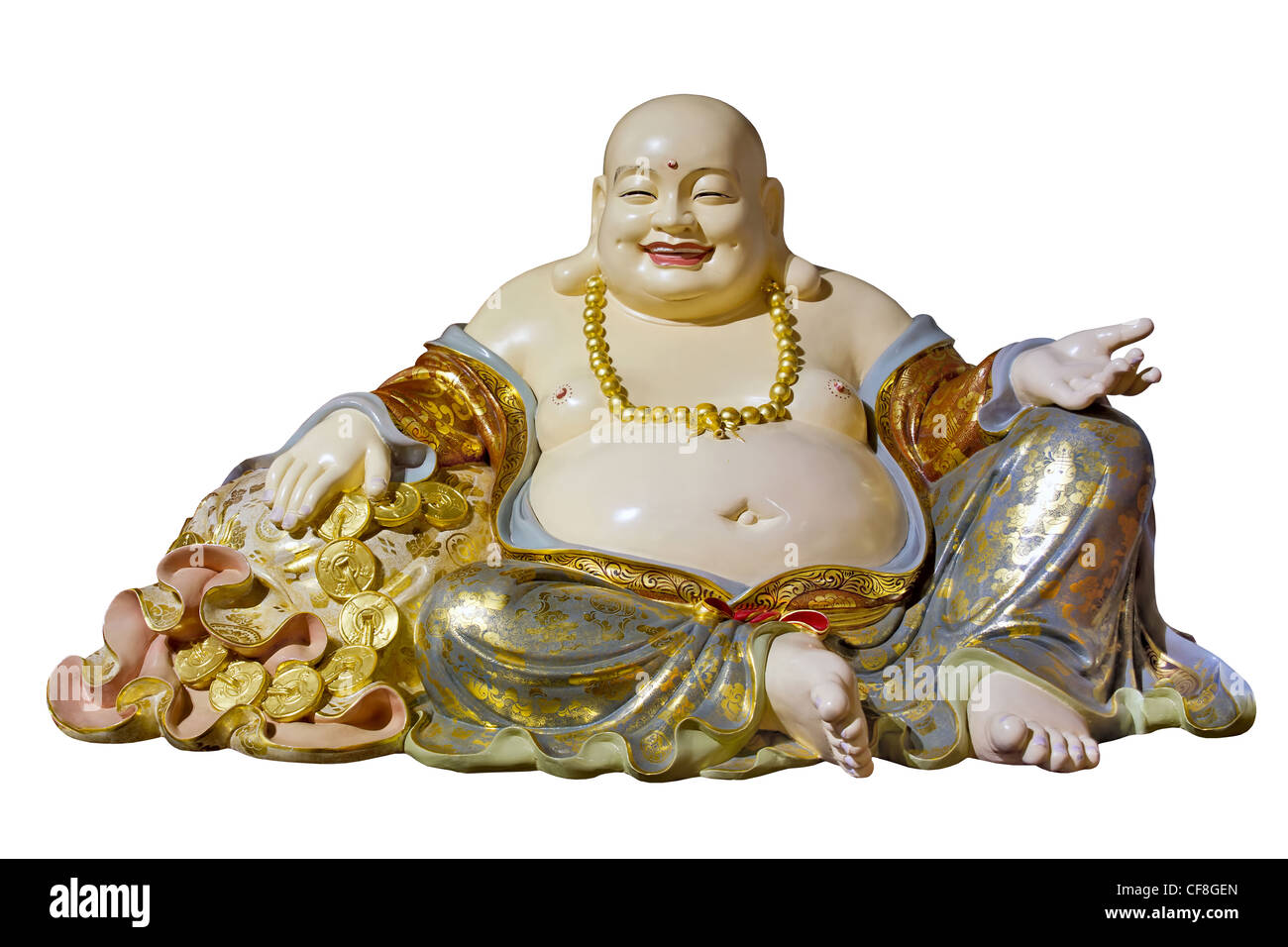 Dicken Bauch Maitreya Tuch Tasche Mönch Buddhastatue Isolated on White Background Stockfoto