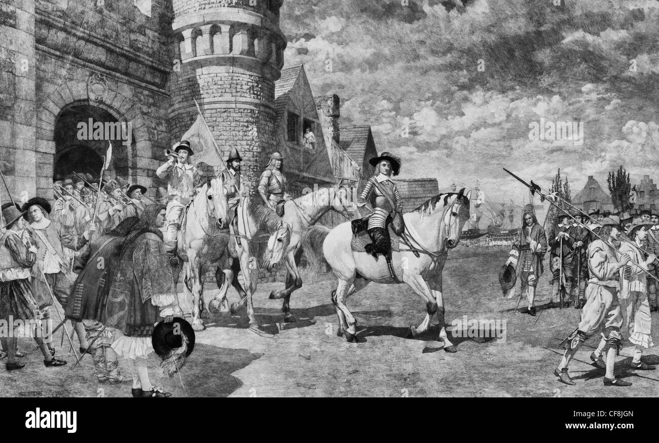 Die Kapitulation von Nieuw Amsterdam 1664 niederländische Soldaten, so dass Nieuw Amsterdam nach zu den Engländern überlassen. Stockfoto