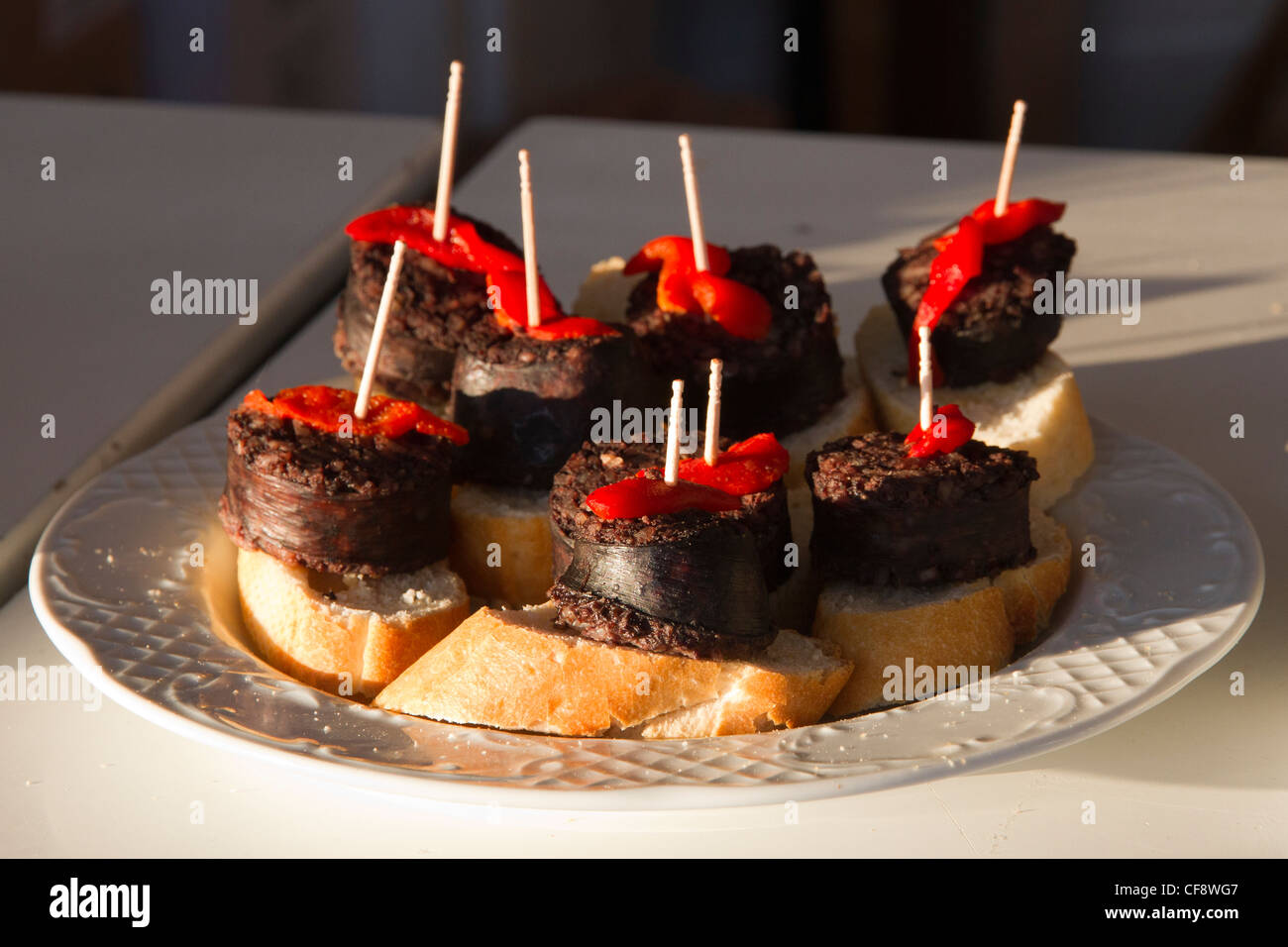 Tapas Spanien Essen Platte Morcilla Black pudding Stockfoto
