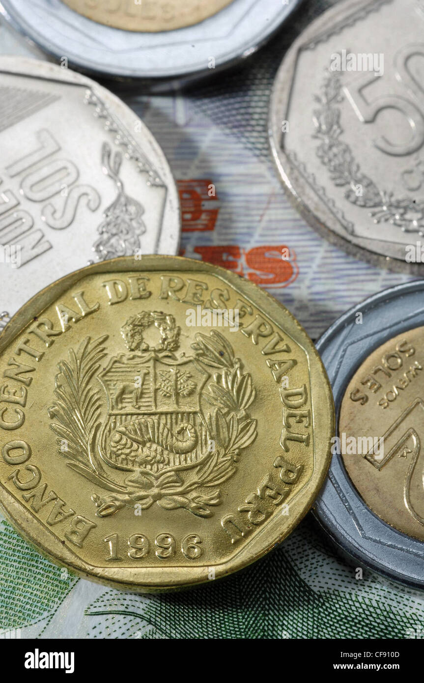Geld, Banknoten, Münzen, bunt, Centimos, Währung, Peru, Stockfoto