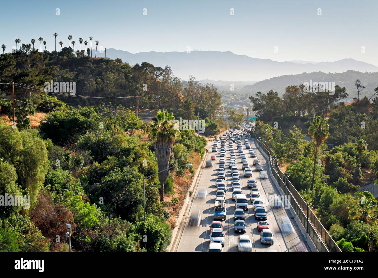 Pasadena Freeway (CA Autobahn 110) führt zu Downtown Los Angeles, California, Vereinigte Staaten von Amerika Stockfoto