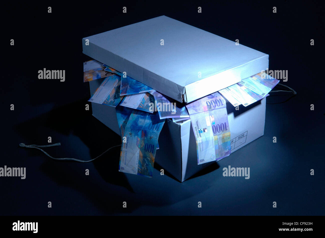 Geld Schweiz Schweizer Franken Einsparung Schuhkarton Pappe Eigentum Sicherheit Sicherheit Finanzen Stockfotografie Alamy