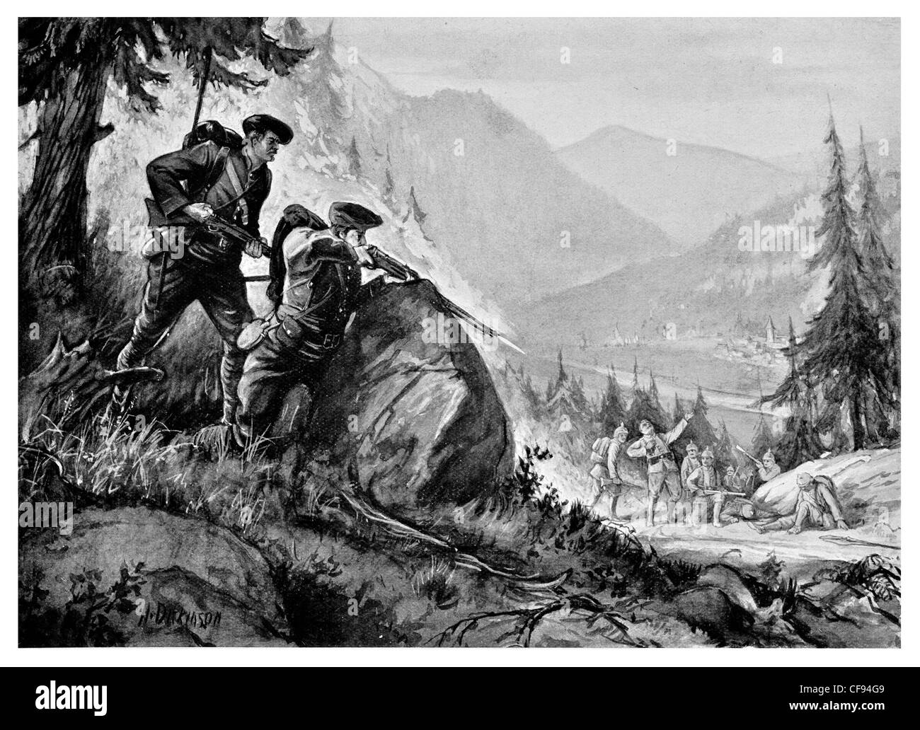 Chasseurs Alpins angreifenden deutschen Soldaten in die Vogesen Elite Berg Infanterie französische Armee Hinterhalt Scharfschützen Gewehr Pistole Stockfoto