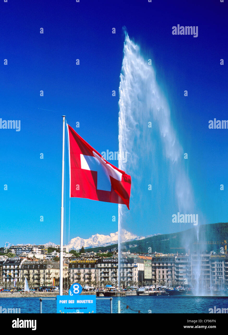 Schweiz, Europa, Geneve, Genf, Flagge, Jet d ' eau, Brunnen, Mont-Blanc, Alpen, Berg, See, Schweiz Stockfoto