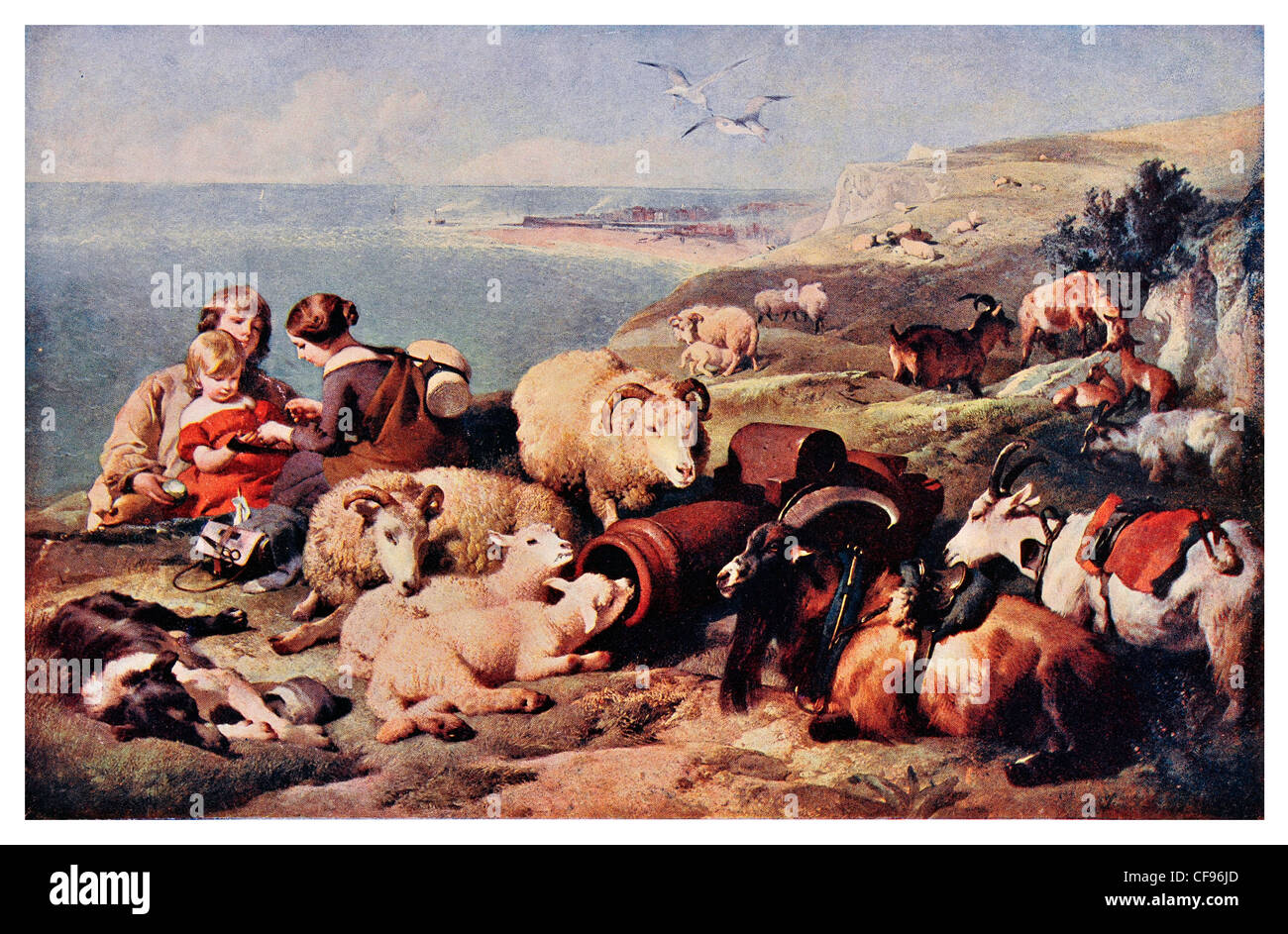 Frieden von Sir Edwin Landseer Schäferhund Herde Ram Schafe Mutter Mutter Kind Sohn Brüder Kliffküste England Möwe Lasttier rest Stockfoto