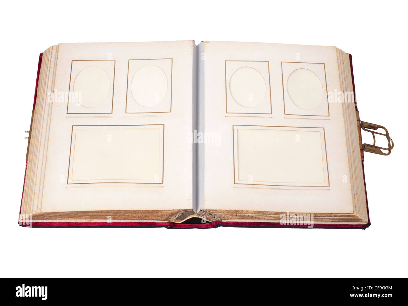 alte Vintage Fotoalbum mit sechs Bildern isoliert auf weiss Stockfoto