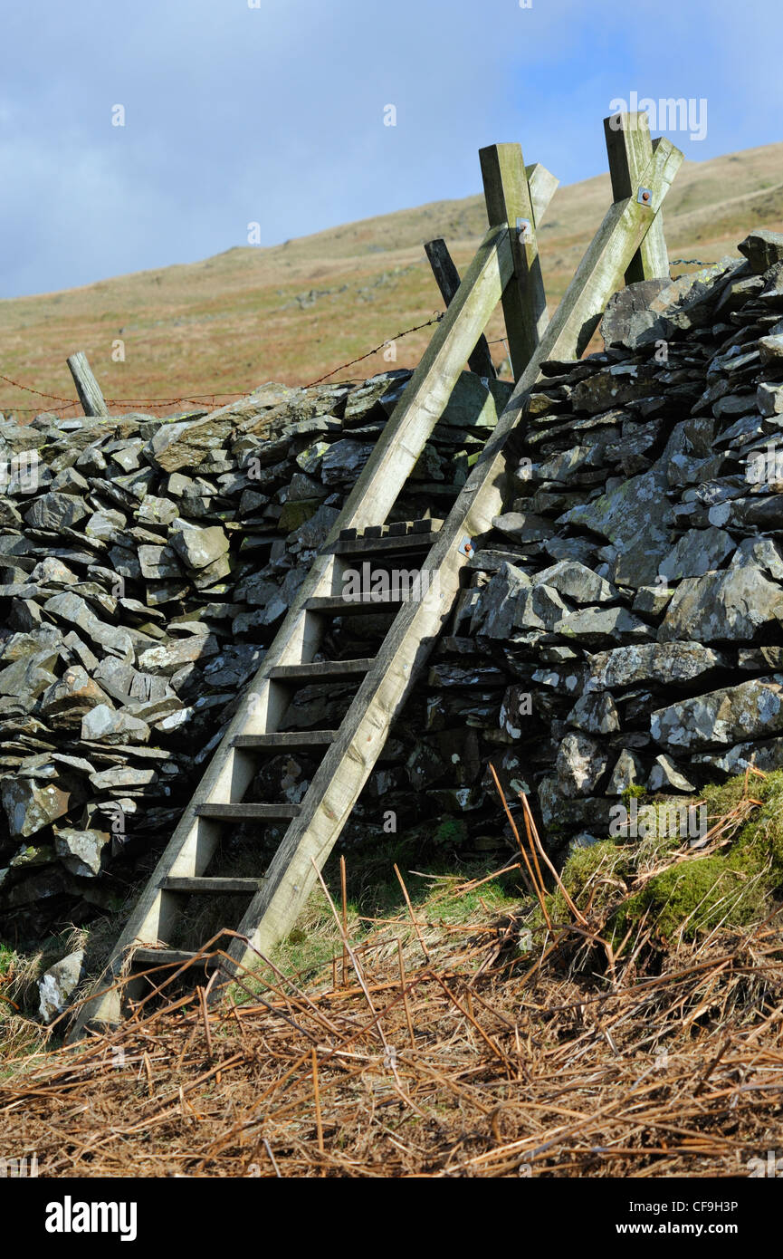 Hölzerne Schritt Stil über Trockenmauer. Dubbs Road, Nationalpark Lake District, Cumbria, England, Vereinigtes Königreich, Europa. Stockfoto