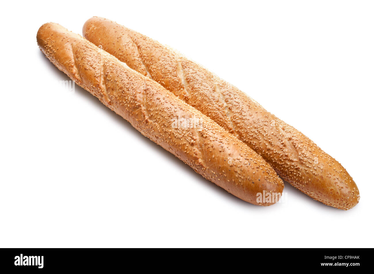 Französisches Baguette mit Sesam isoliert auf weißem Hintergrund Stockfoto