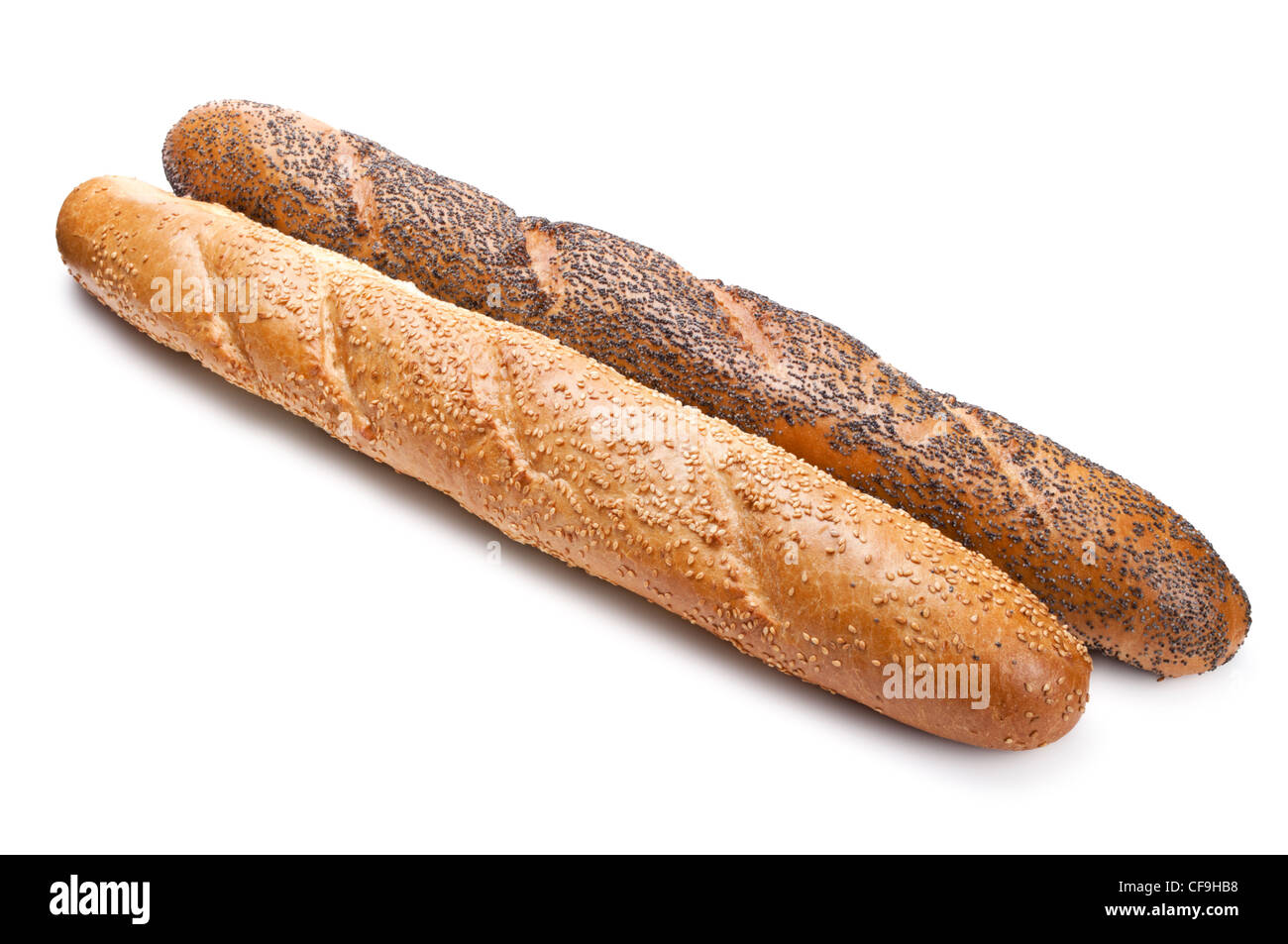 Französisches Baguette mit Sesam und Mohn-Samen auf weißem Hintergrund Stockfoto