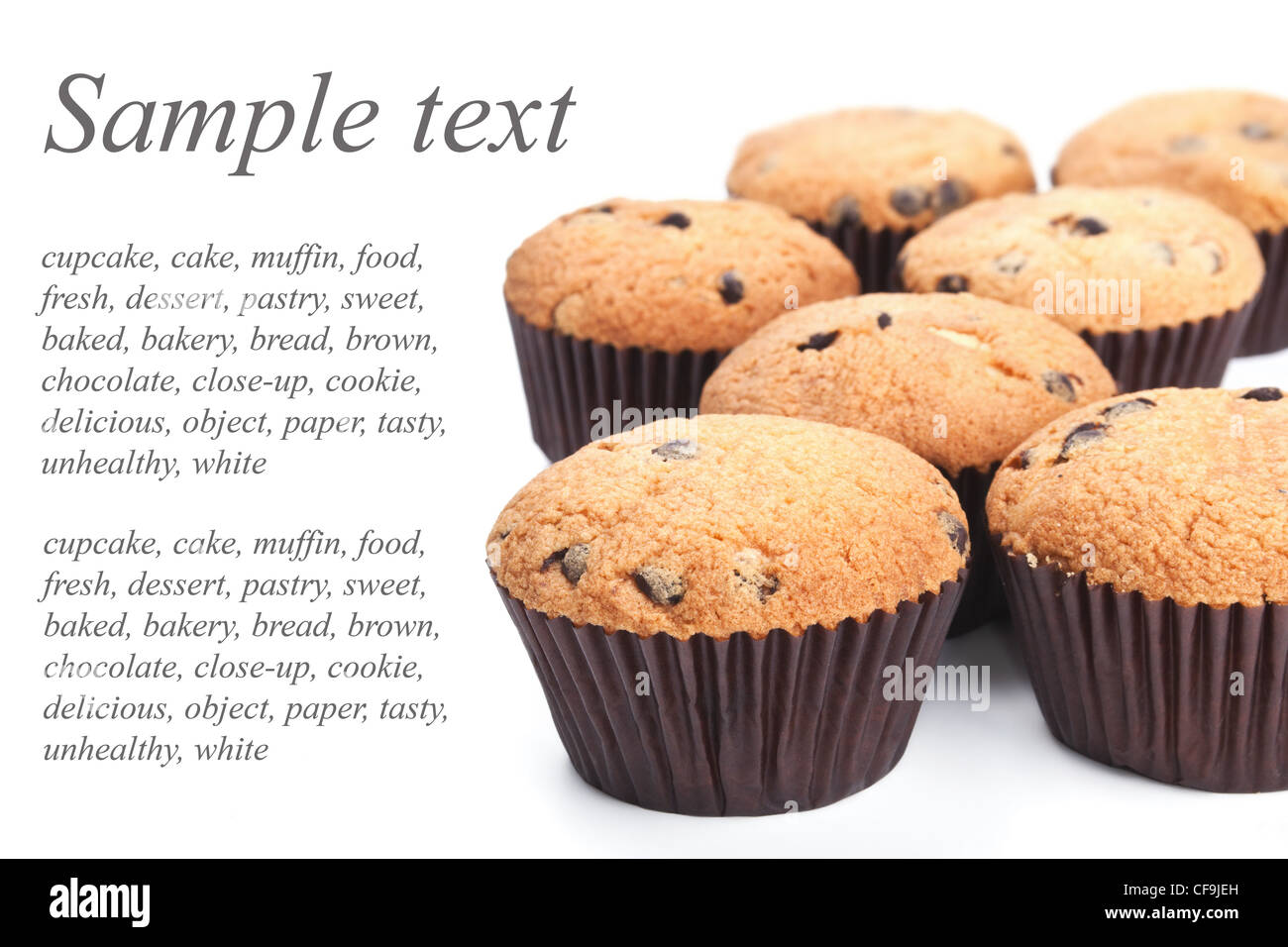 Frische chocolate Chip Muffins auf weißem Hintergrund mit Beispieltext Stockfoto