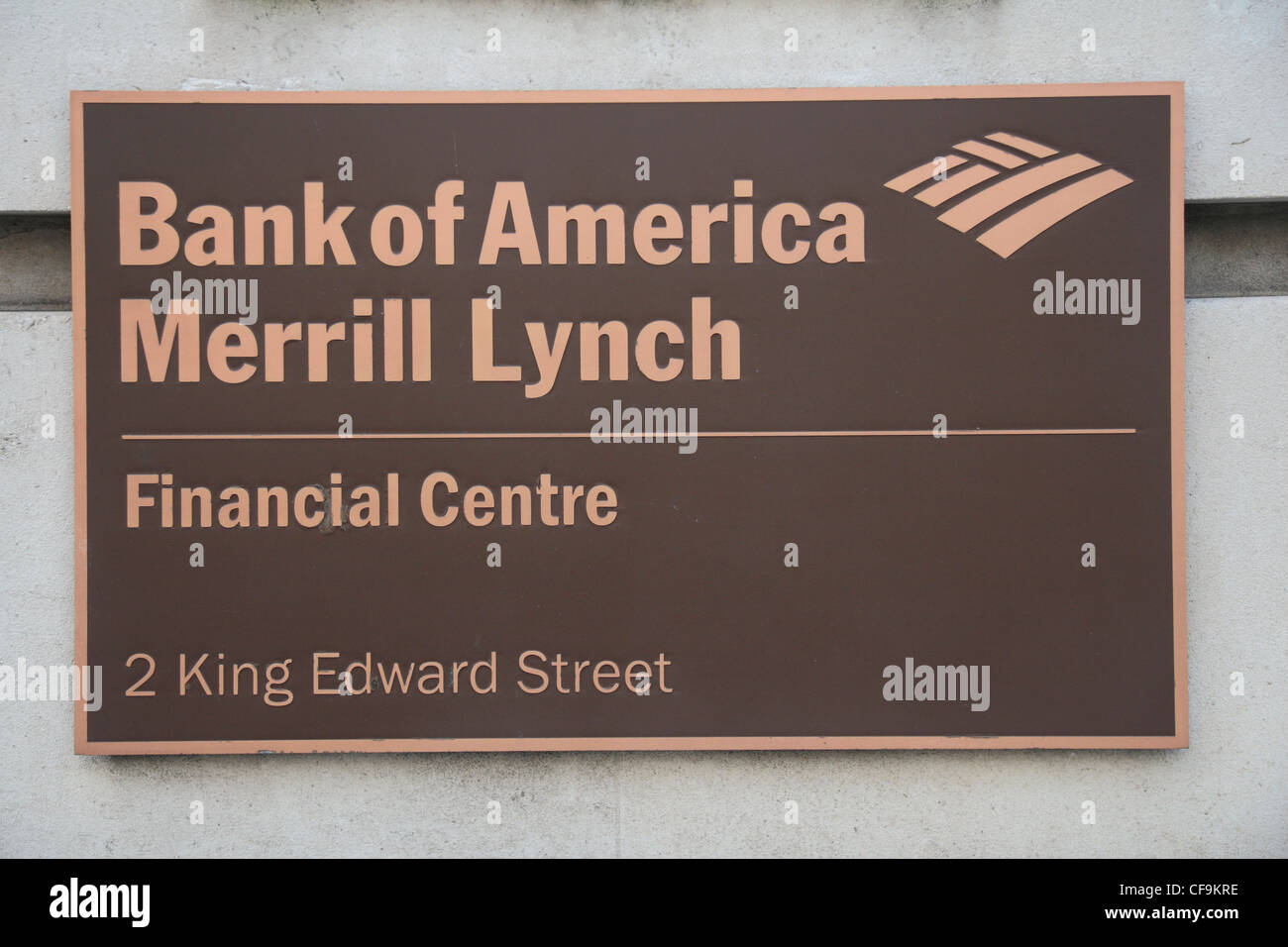 Plakette außerhalb der Bank of America Merrill Lynch Finanzzentrum am King Edward Street, London, UK. Stockfoto