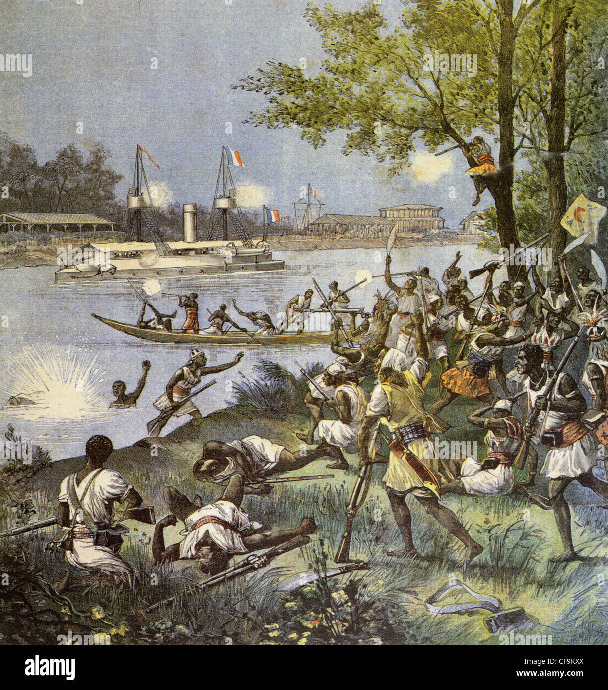 ZWEITE Deutsch-DAHOMEY Krieg die französische Schiff Topaz bombardiert Dahomey Truppen im Jahre 1892 Stockfoto