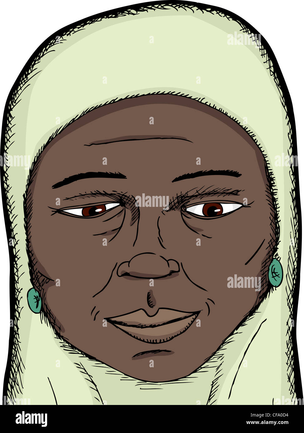Lächelnd dunklen enthäuteten muslimische Frau mittleren Alters Nahaufnahme Stockfoto