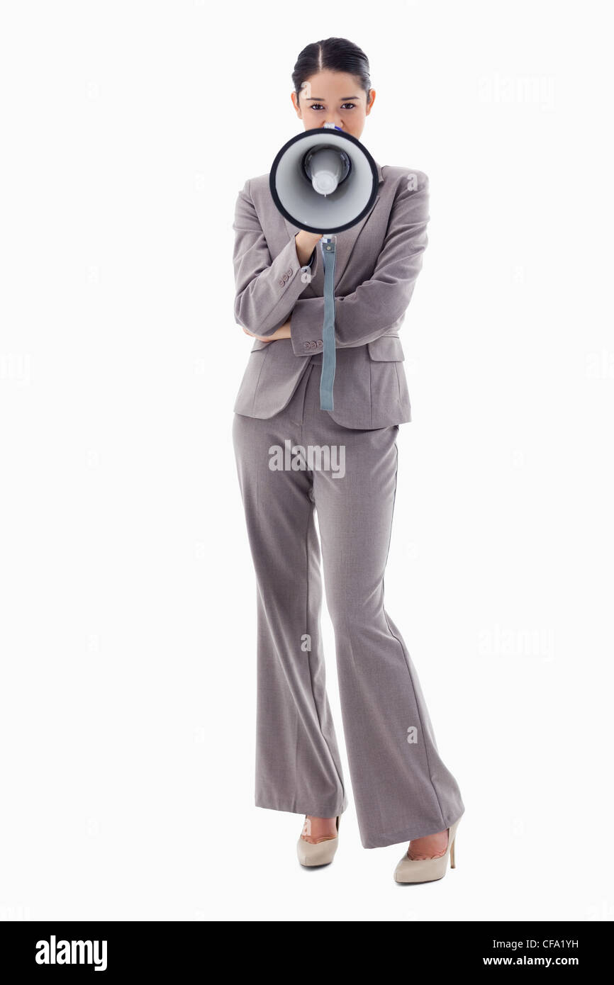 Porträt von eine Geschäftsfrau mit einem Megaphon Stockfoto