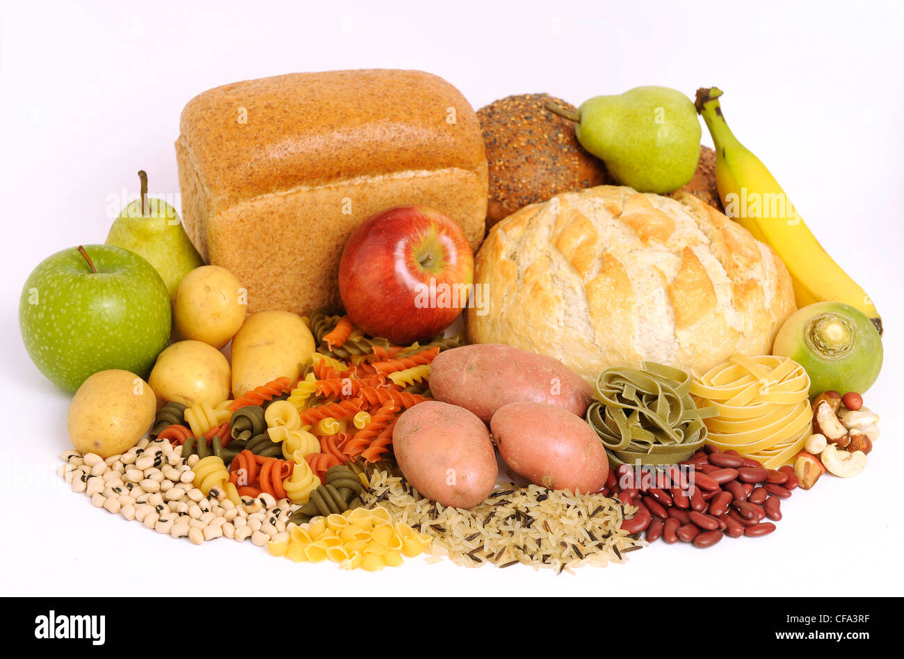 Kohlenhydrate und Obst Stillleben Stockfoto