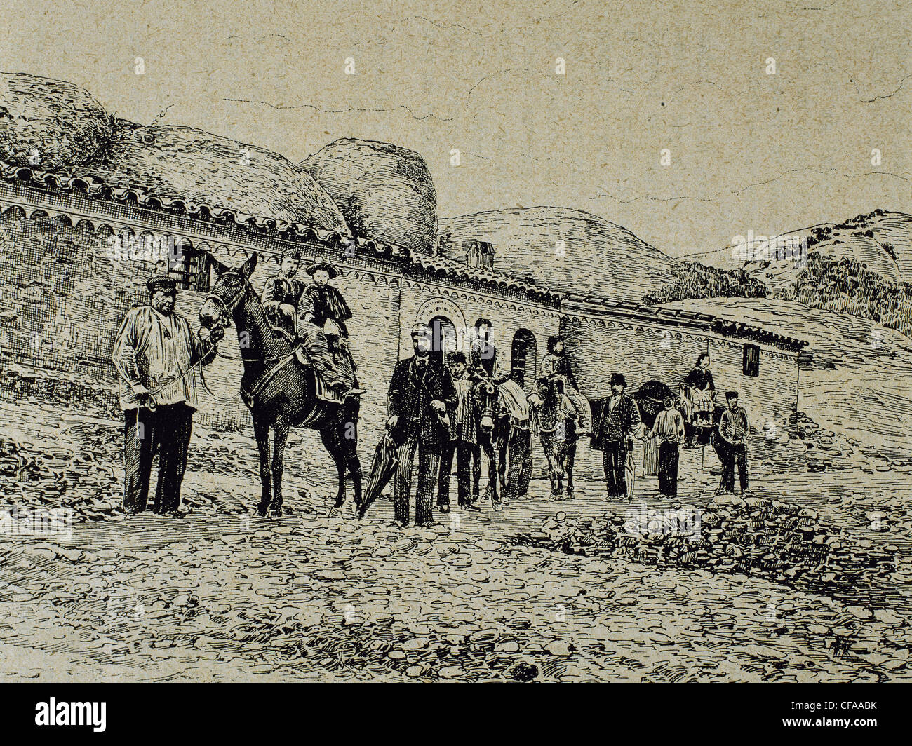 Wanderer im San Jeronimo. Montserrat. Katalonien. Spanien. Zeichnung von L. Urgelles. "Illustration." 1890. Stockfoto