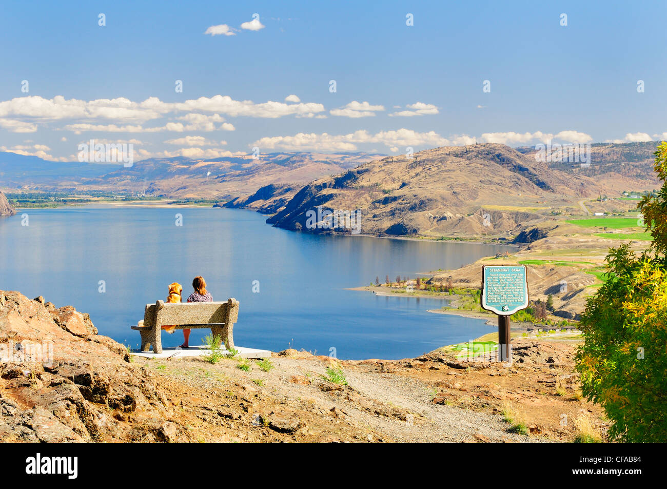 Eine Frau und ein Hund sitzt auf der Werkbank mit Blick auf Kamloops Lake und dem Tobiano-Golfplatz in der Nähe von Kamloops, Britisch-Kolumbien, Kanada. Stockfoto