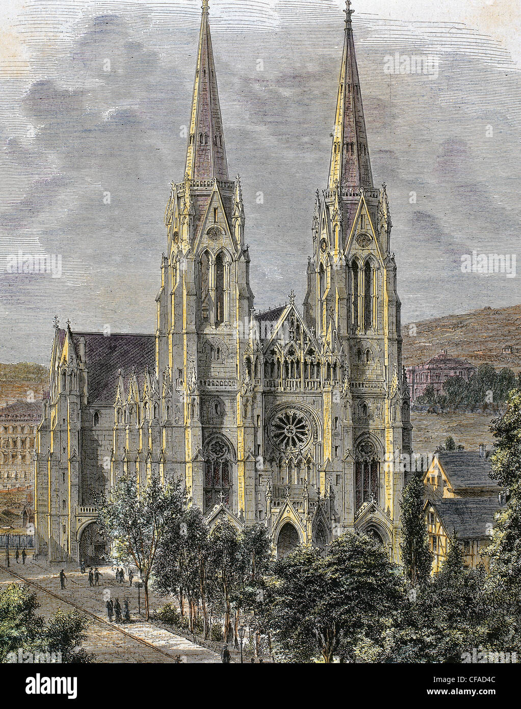 Deutschland. Stuttgart. Kirche der Heiligen Maria (1885). Farbige Gravur. Stockfoto