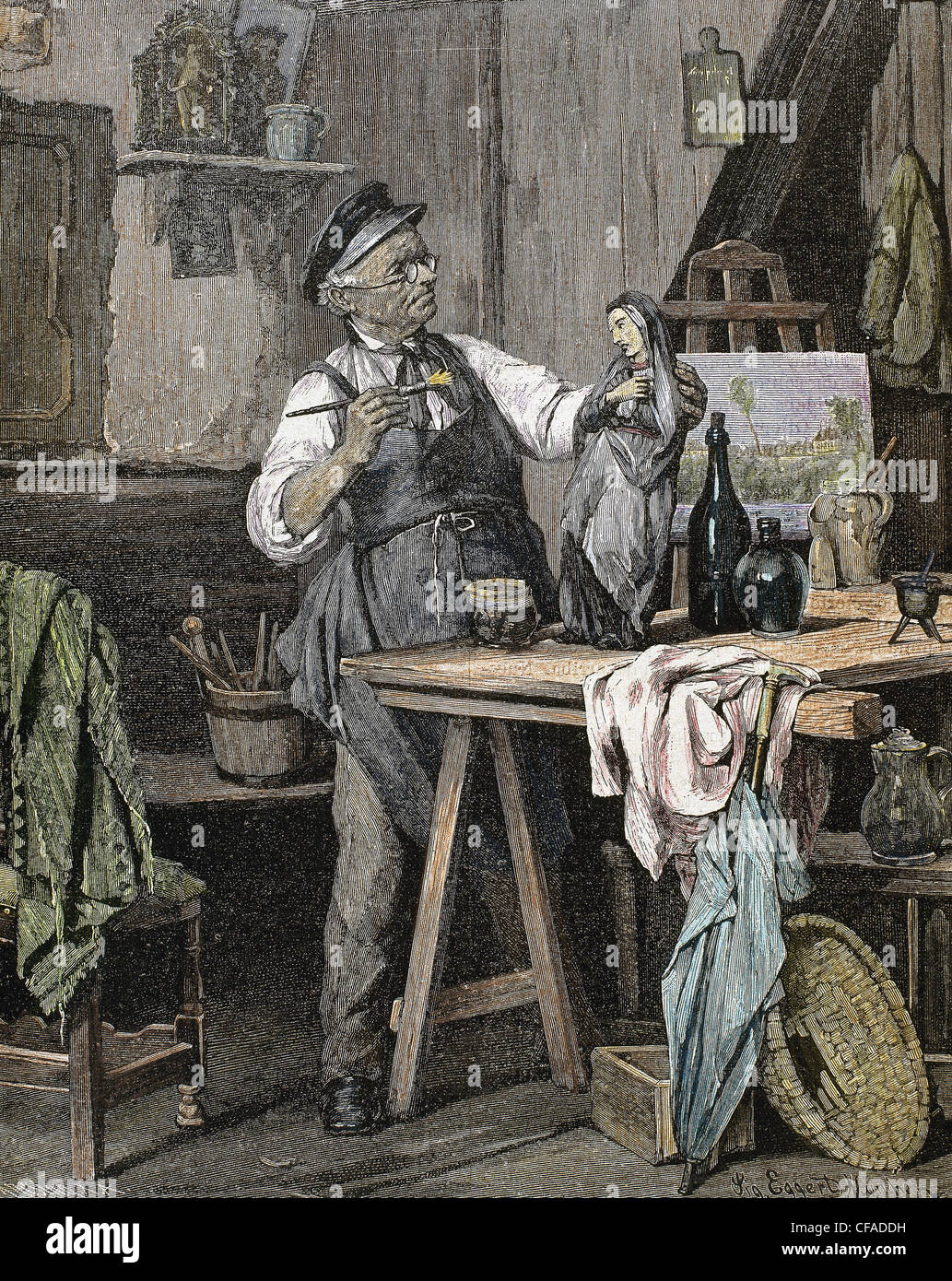 Handwerker in seiner Werkstatt. Farbige Gravur von 1852. Stockfoto