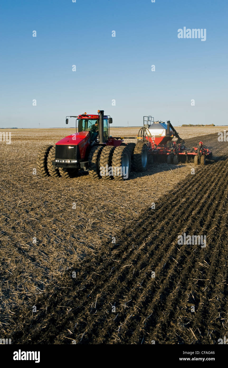 bewegliche Traktor und und Luft bis Sämaschine, die Anpflanzung von Getreide, in der Nähe von Dugald, Manitoba, Kanada Stockfoto