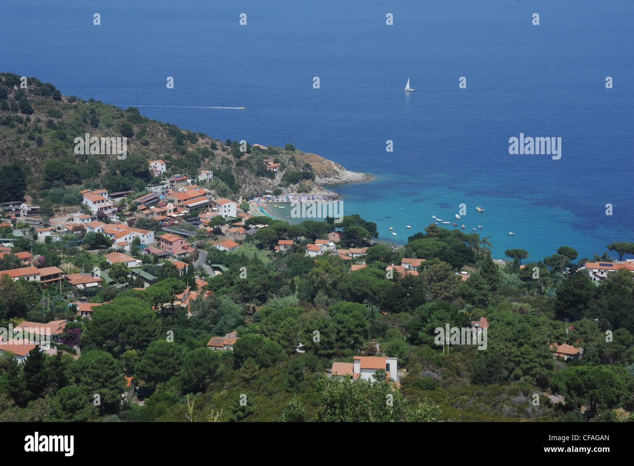 Italien, Elba, Elba Insel, Toscana, San Andrea, Dorf, Meer, Bucht, Landschaft Stockfoto