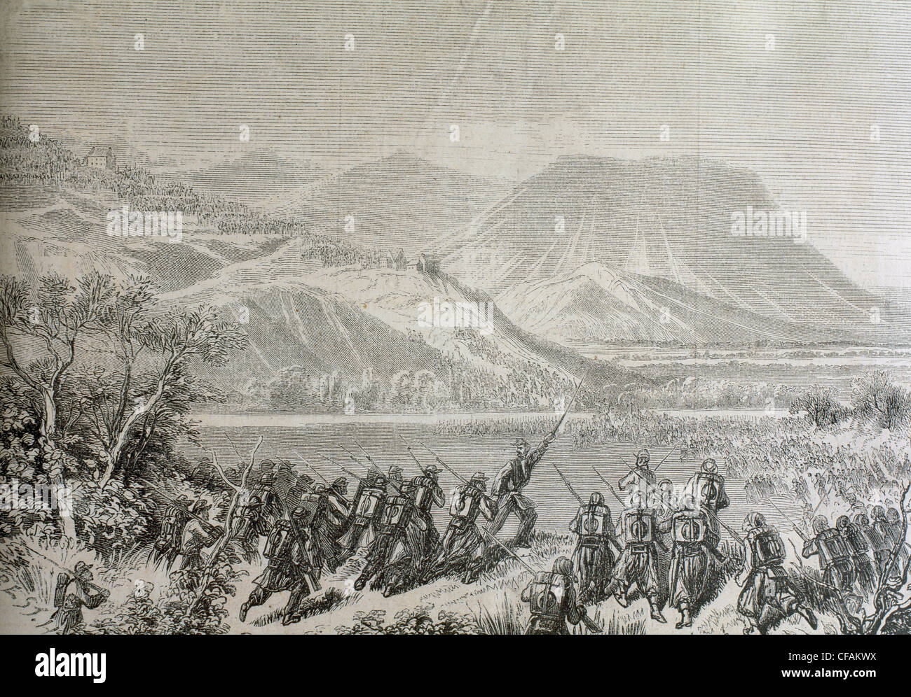 Italienische Einigung (1859-1924). Schlacht von Castelfidardo. Päpstliche Truppen wurden besiegt. Gravur. "L 'Illustration' (1860). Stockfoto