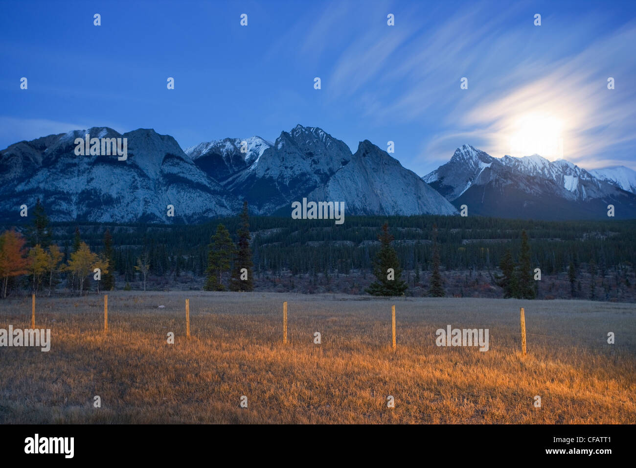 Zaunlinie entlang des Kootenay Plains Ecological Reserve, Bighorn Wildlands, Alberta, Kanada Stockfoto