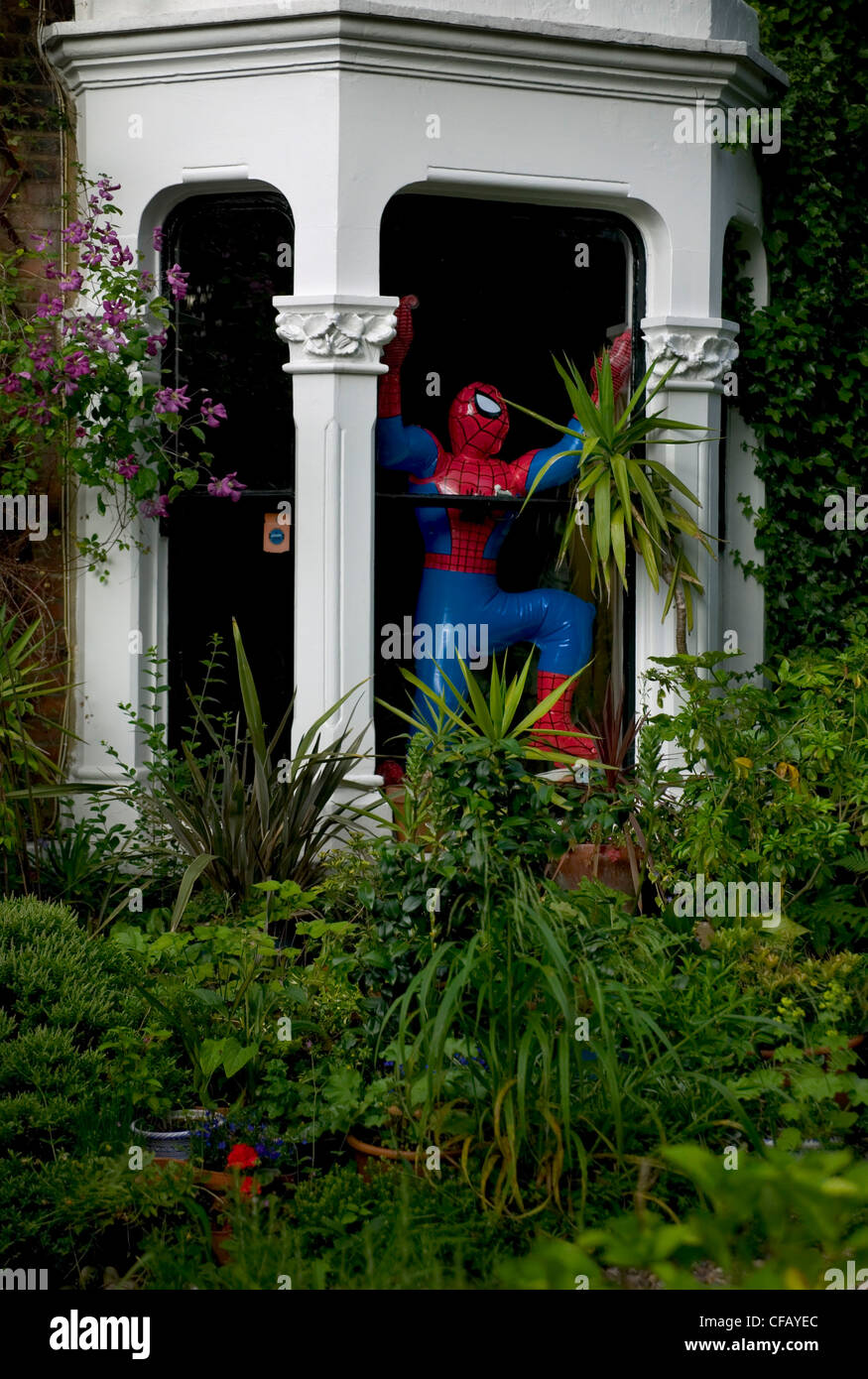 Vctorian Haus im Norden Londons, mit viel Grün und Büsche im Vordergrund und einem großen aufblasbaren von Spiderman im Fenster Stockfoto