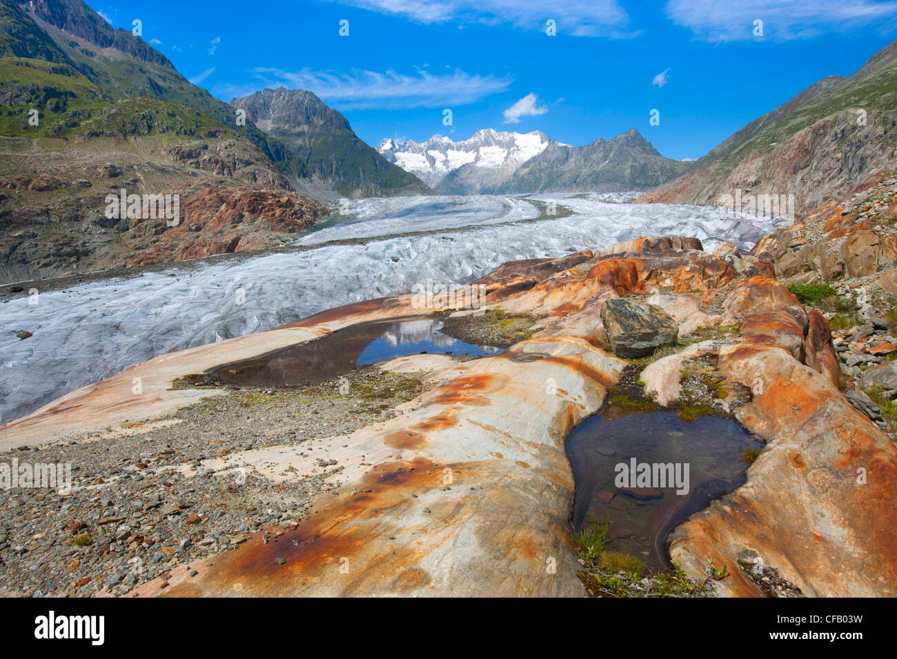 Aletschgletscher, Schweiz, Wallis, UNESCO Weltnaturerbe, Berge, Gletscher, Felsen, Klippen, Natur Stockfoto