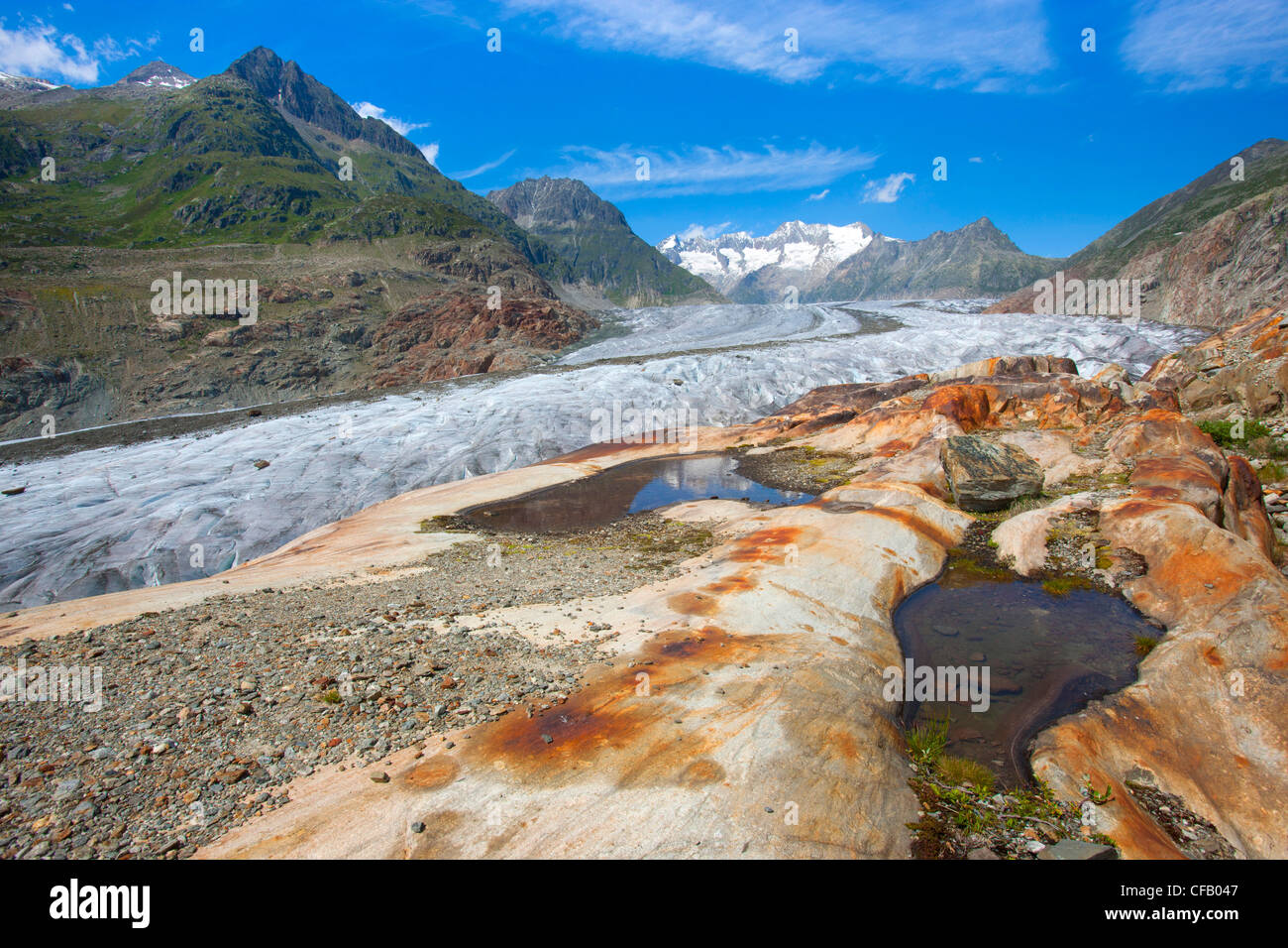 Aletschgletscher, Schweiz, Wallis, UNESCO Weltnaturerbe, Berge, Gletscher, Felsen, Klippen, Natur Stockfoto