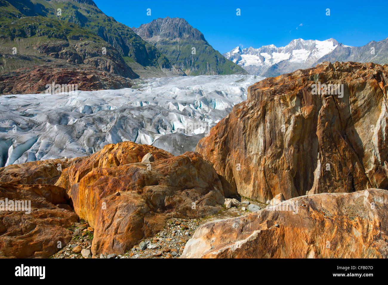 Aletschgletscher, Schweiz, Wallis, UNESCO Weltnaturerbe, Berge, Gletscher, Eis, Felsen, Klippe, Natur Stockfoto