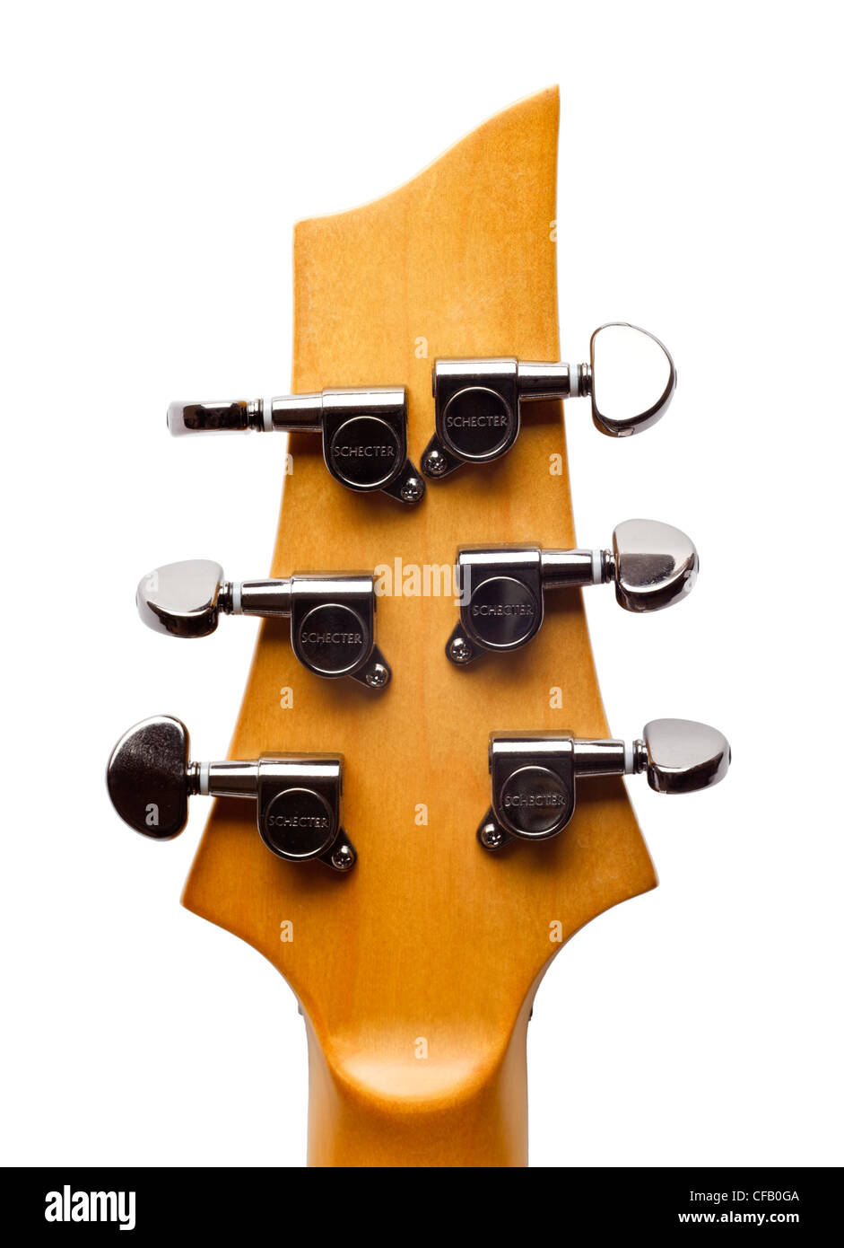 E-Gitarre Kopfplatte zeigt String Tuner Stockfoto